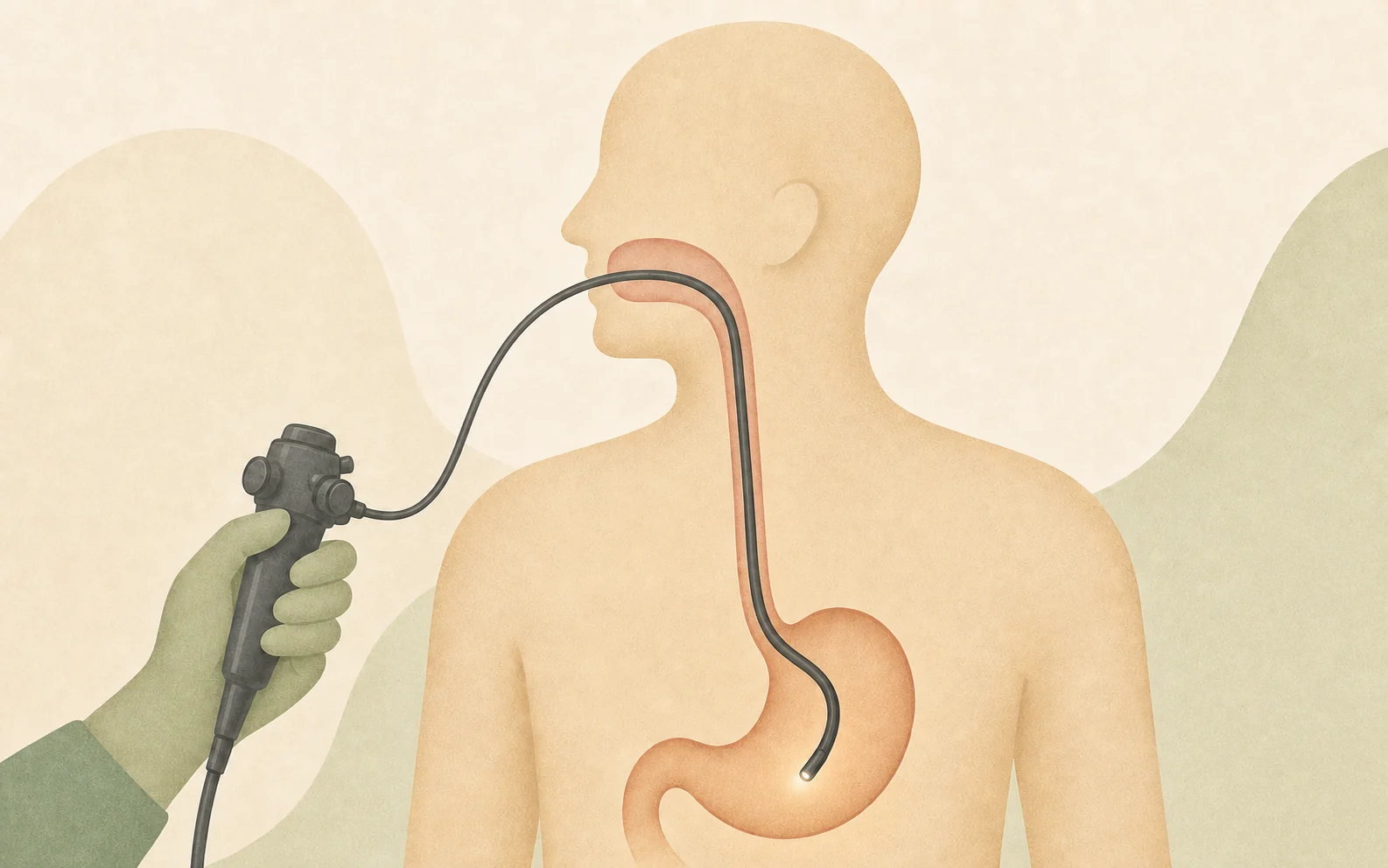 Illustration einer Gastroskopie durch Mund, Speiseröhre und Magen